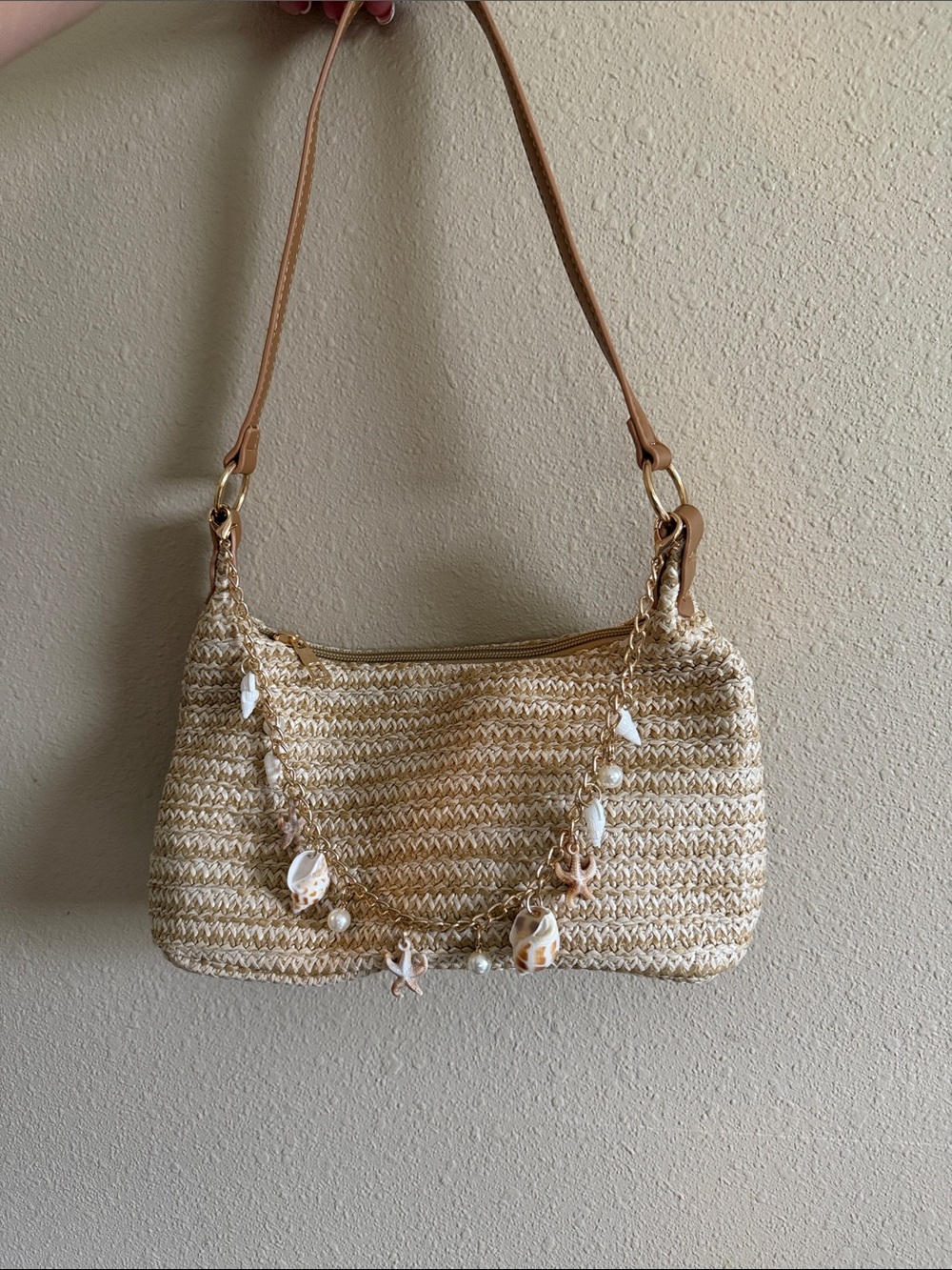 Woven Straw Shoulder Bag with Shell Bag Charm - Beige